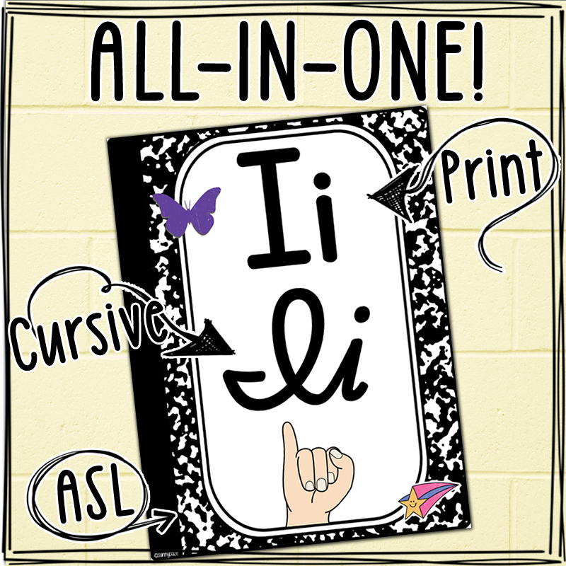 ASL Cursive Print Alphabet Posters (Composition Notebook Style)
