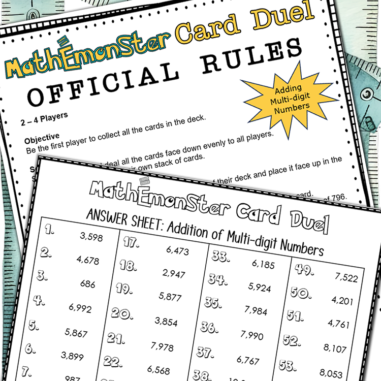 Addition of Multi-digit Numbers Math Center Card Game - MathEmonSter Series Set 2