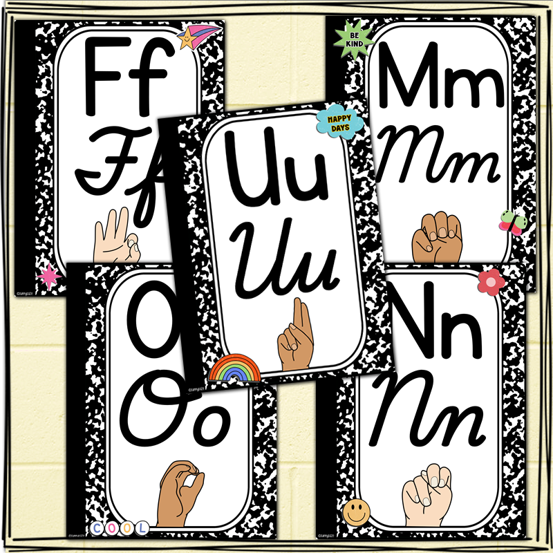ASL Cursive Print Alphabet Posters (Composition Notebook Style)