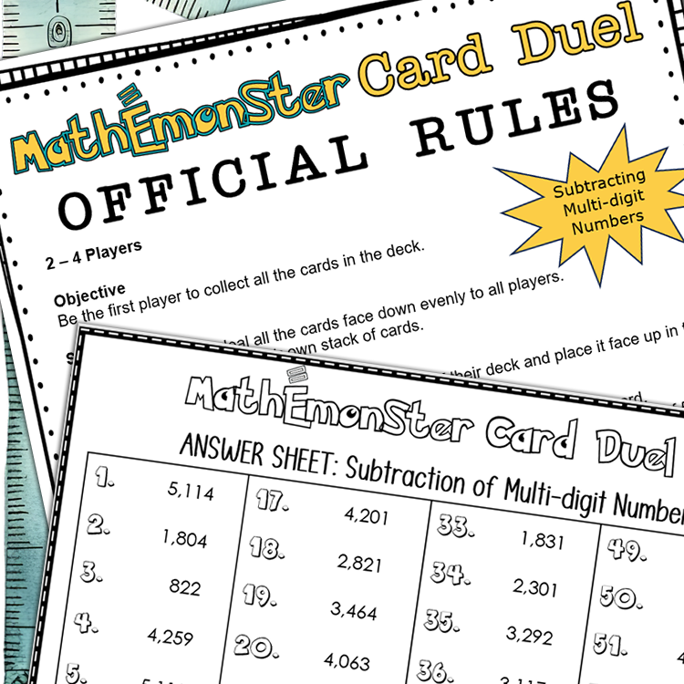 Subtraction of Multi-digit Numbers Math Center Card Game - MathEmonSter Series Set 3