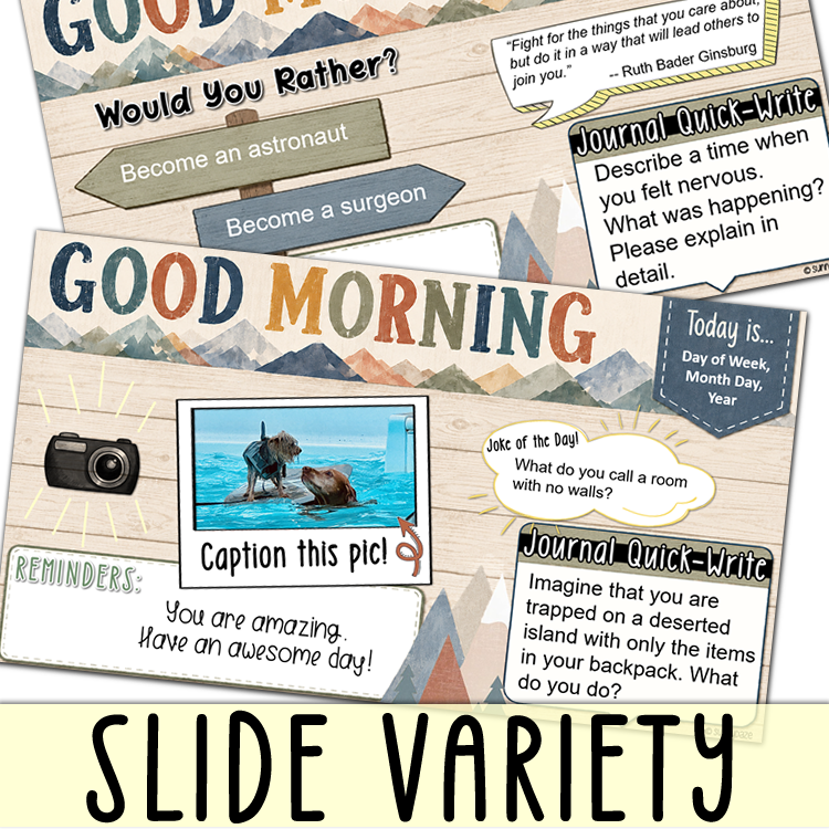 Morning Meeting Slides | Daily Activities | 3rd, 4th, 5th Grade | Muted Mountain